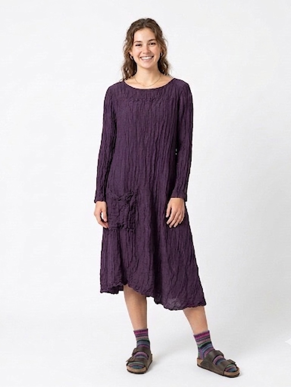 GRIZAS Purple Linen Silk Crinkle Midi Dress Size S Asymmetric Hem Long Sleeve